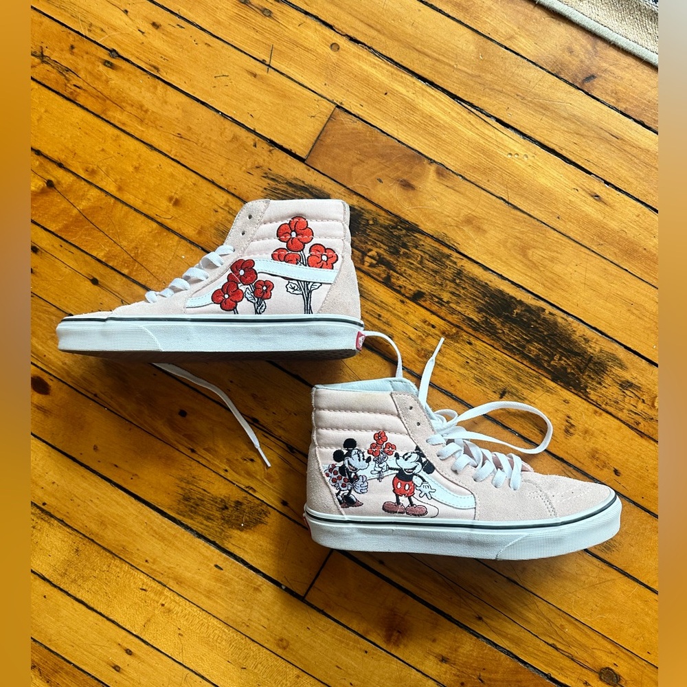 Vans Pink High Top Sneakers with Red Floral & Mickey Graphics